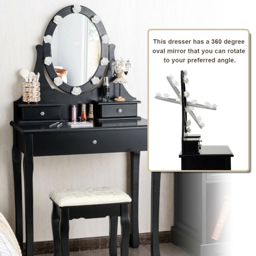 Gymax Bedroom Vanity Set Makeup Dressing Table 3 Drawers Lighted Mirror W/10 LED Bulbs Black