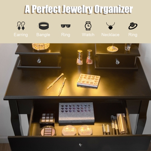 Gymax Bedroom Vanity Set Makeup Dressing Table 3 Drawers Lighted Mirror W/10 LED Bulbs Black