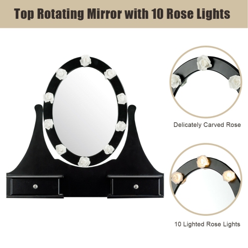 Gymax Bedroom Vanity Set Makeup Dressing Table 3 Drawers Lighted Mirror W/10 LED Bulbs Black