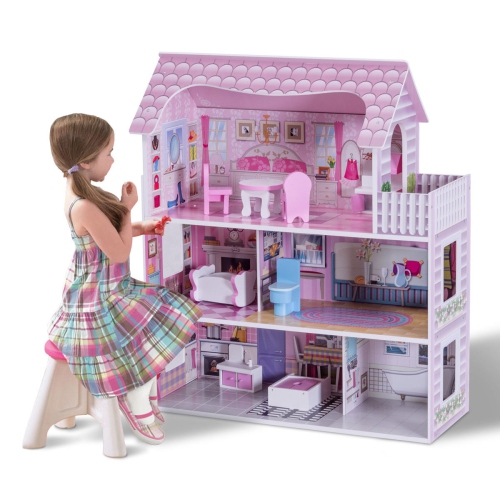 Gymax 28'' Pink Dollhouse w/ Furniture Gliding Elevator Rooms 3 Levels Young Girls Toy