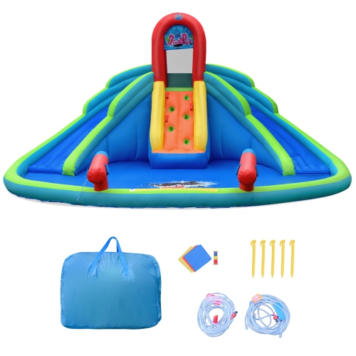 GYMAX  Inflatable Bounce House Water Park W/ Splash Pool Dual Slides Climbing Wall