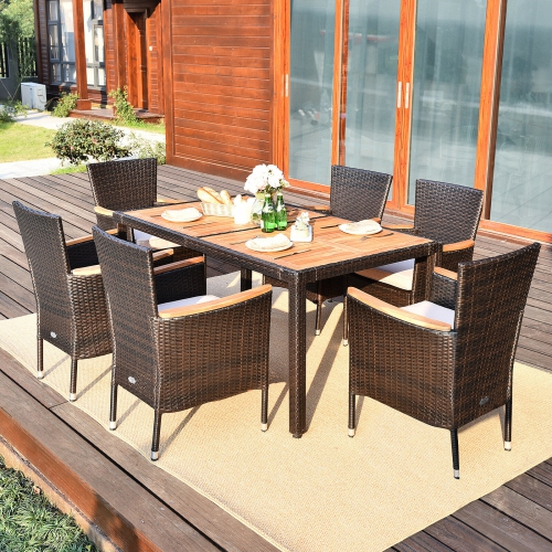 GYMAX  7PCs Patio Rattan Dining Set 6 Stackable Cushioned Chairs Patio