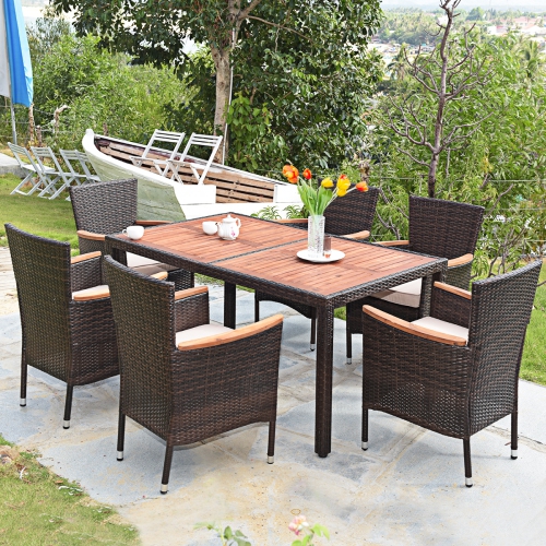 Gymax 7pcs Patio Rattan Dining Set 6 Stackable Cushioned Chairs Patio