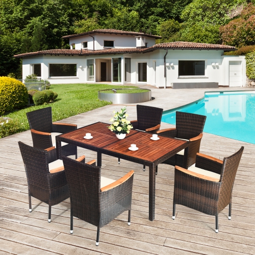 Gymax 7pcs Patio Rattan Dining Set 6 Stackable Cushioned Chairs Patio