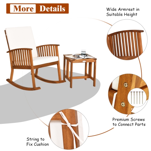 Gymax 2PCS Patio Wooden Rocking Chair Set Garden Outdoor w/ Coffee Table Cushion