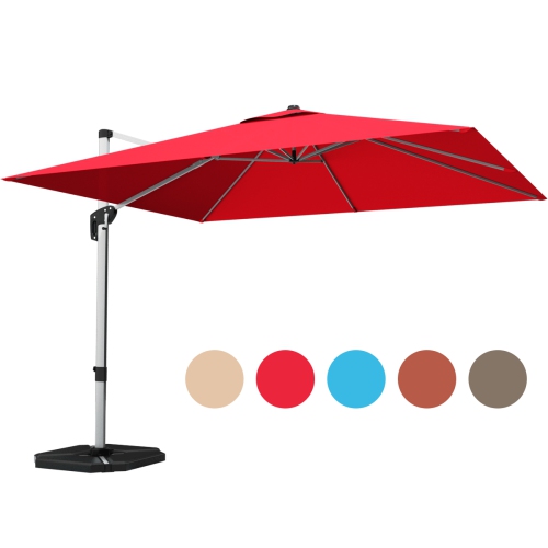 GYMAX  10Ft Square Offset Hanging Patio Umbrella W/ Base 360 Degree Tilt Brick Red/red/blue/beige/tan