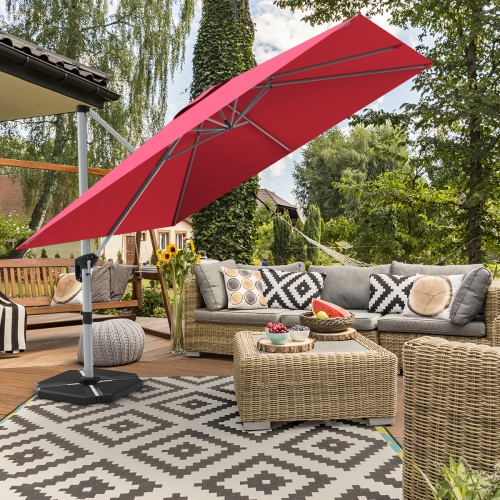 Gymax 10Ft Square Offset Hanging Patio Umbrella w/ Base 360 Degree Tilt Brick Red/Red/Blue/Beige/Tan