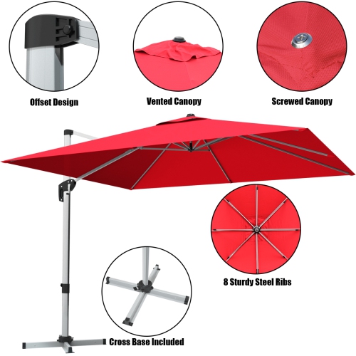 Gymax 10Ft Square Offset Hanging Patio Umbrella w/ Base 360 Degree Tilt Brick Red/Red/Blue/Beige/Tan