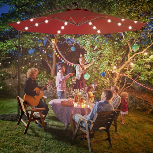 GYMAX  10Ft Patio Solar Led Outdoor Offset Hanging Umbrella W/ 24 Lights
