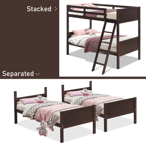 Gymax Wooden Twin Over Twin Bunk Beds Convertable 2 Individual Twin Beds Espresso