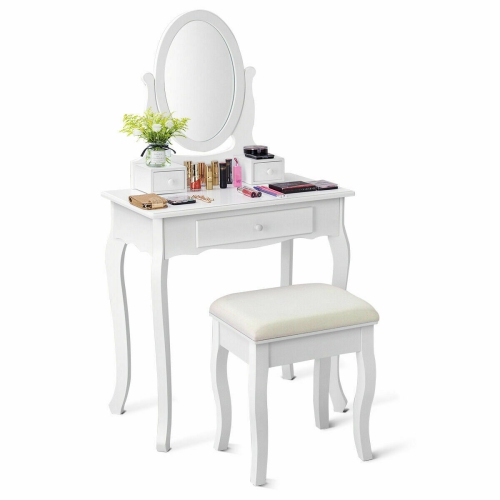 GYMAX  Makeup Dressing Table Stool Set W/ Drawers Mirror Vanity Set In White