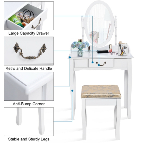 Gymax Makeup Dressing Table Stool Set w/ Drawers Mirror Vanity Set White