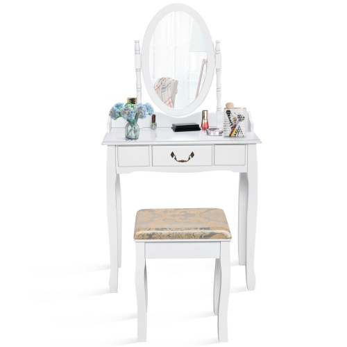 Gymax Makeup Dressing Table Stool Set w/ Drawers Mirror Vanity Set White