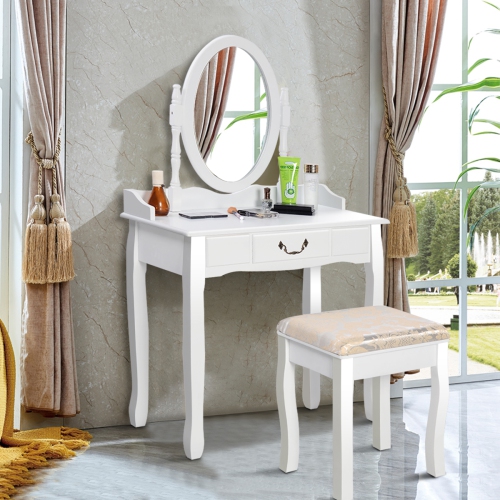 Gymax Makeup Dressing Table Stool Set w/ Drawers Mirror Vanity Set White