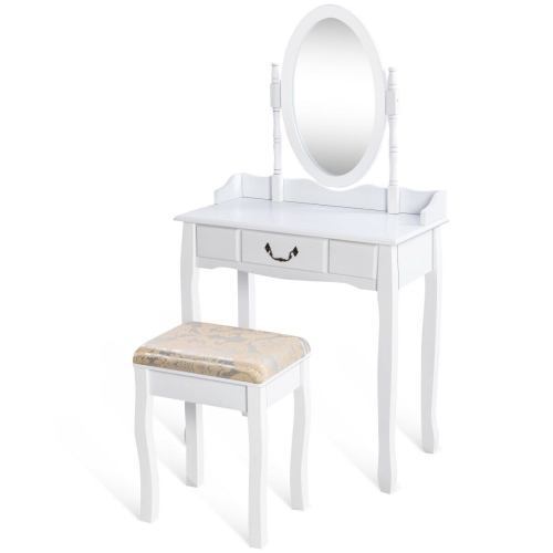 Gymax Makeup Dressing Table Stool Set w/ Drawers Mirror Vanity Set White