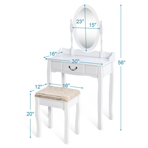 Gymax Makeup Dressing Table Stool Set w/ Drawers Mirror Vanity Set White