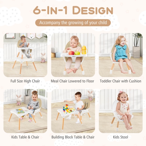 Costway 6-in-1 Baby High Chair Infant Wooden Convertible Chair w/5-Point Seat Belt
