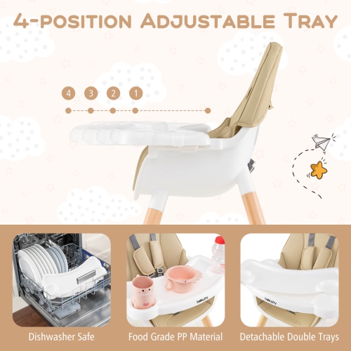 Costway 6-in-1 Baby High Chair Infant Wooden Convertible Chair w/5-Point Seat Belt