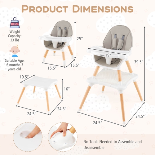 Costway 6-in-1 Baby High Chair Infant Wooden Convertible Chair w/5-Point Seat Belt