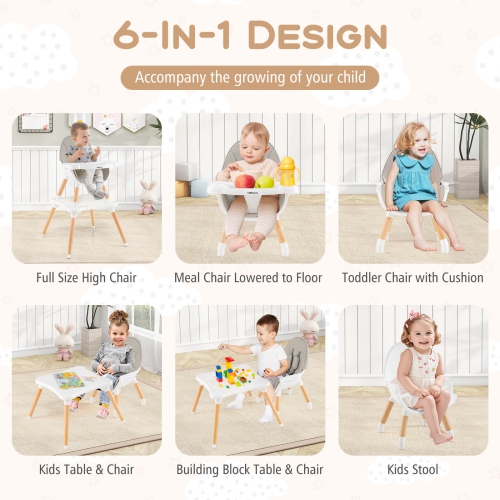 Costway 6-in-1 Baby High Chair Infant Wooden Convertible Chair w/5-Point Seat Belt