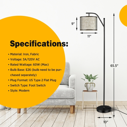 Gymax Standing Arc Light Modern Floor Lamp W/Fabric Hanging Lamp Shade Bedroom Office