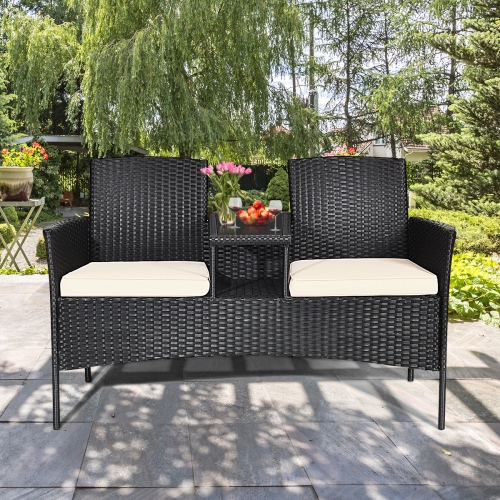 Gymax Cushioned Rattan Wicker Patio Conversation Set w/ Table Steel Frame