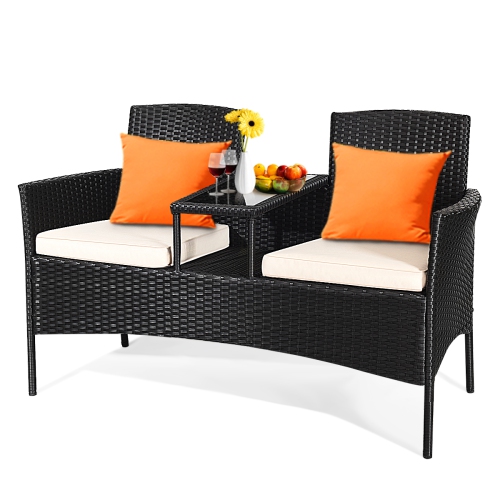 Gymax Cushioned Rattan Wicker Patio Conversation Set w/ Table Steel Frame