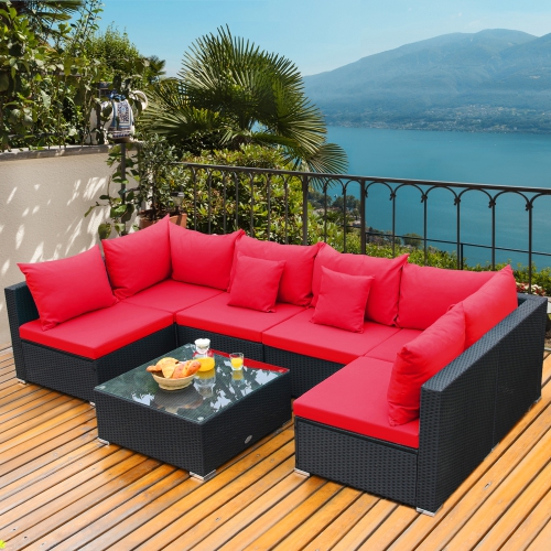 Gymax 7PCS Rattan Patio Conversation Set Sectional Furniture Set w/ Red Cushion