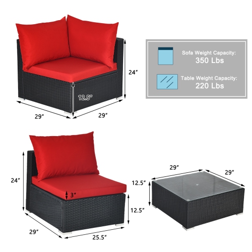 Gymax 7PCS Rattan Patio Conversation Set Sectional Furniture Set w/ Red Cushion