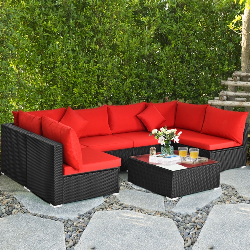 Gymax 7PCS Rattan Patio Conversation Set Sectional Furniture Set w/ Red Cushion