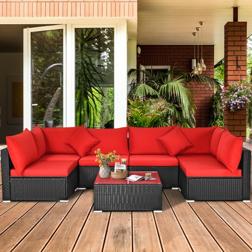 Gymax 7PCS Rattan Patio Conversation Set Sectional Furniture Set w/ Red Cushion