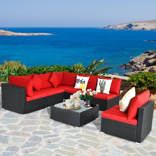 Gymax 7PCS Rattan Patio Conversation Set Sectional Furniture Set w/ Red Cushion