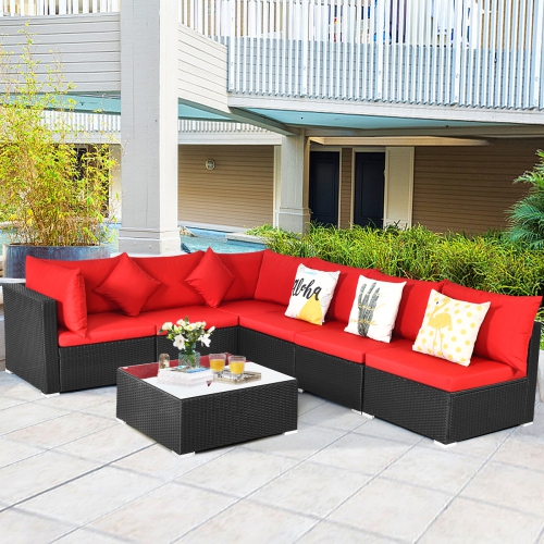 Gymax 7PCS Rattan Patio Conversation Set Sectional Furniture Set w/ Red Cushion