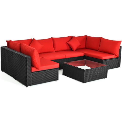 Gymax 7PCS Rattan Patio Conversation Set Sectional Furniture Set w/ Red Cushion
