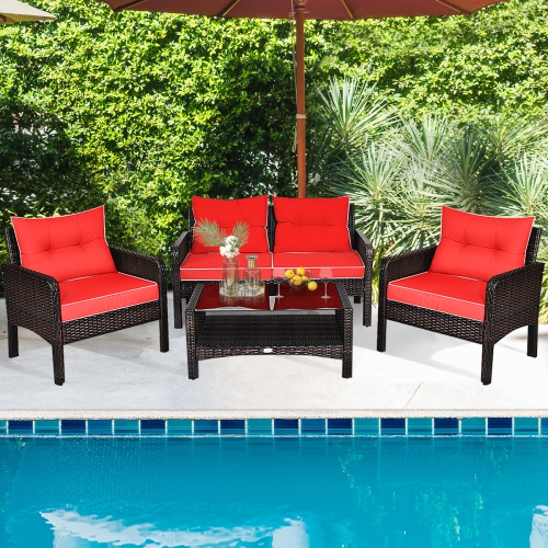 GYMAX  4PCs Rattan Patio Conversation Set Cushioned Outdoor Furniture Set