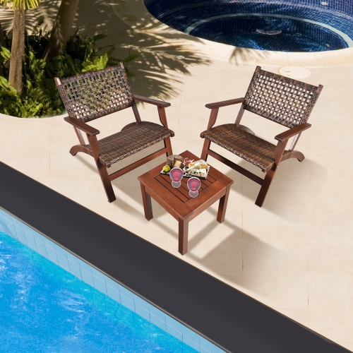 Gymax 3PCS Rattan Patio Chair & Table Set Outdoor Furniture Set w/ Wooden Frame