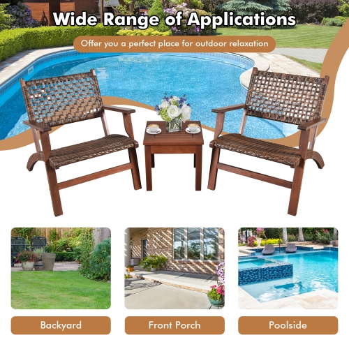 Gymax 3PCS Rattan Patio Chair & Table Set Outdoor Furniture Set w/ Wooden Frame