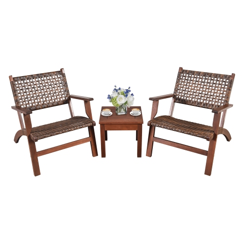 Gymax 3PCS Rattan Patio Chair & Table Set Outdoor Furniture Set w/ Wooden Frame