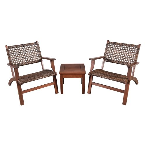 Gymax 3PCS Rattan Patio Chair & Table Set Outdoor Furniture Set w/ Wooden Frame