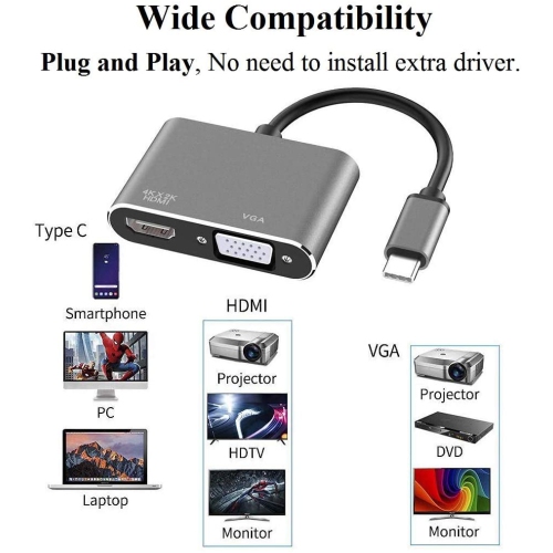 USB C to 4K HDMI VGA Adapter, 2-in-1 USB Type C to Dual VGA HDMI Splitter Converter for Nintendo Switch/MacBook hdmi adapter Surface go, Dell XPS