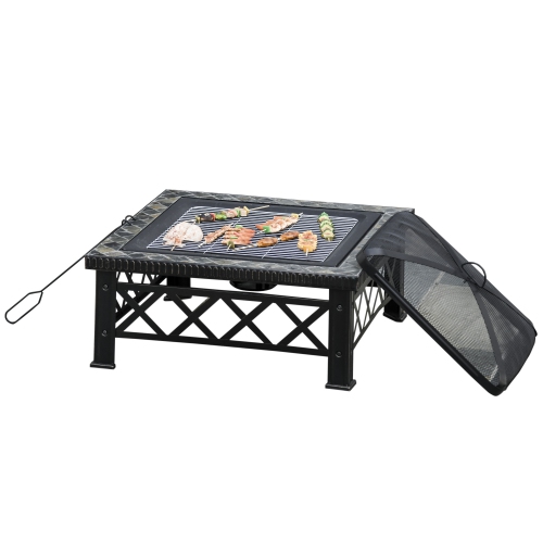 Outsunny 30" Outdoor Steel Square Firepit Square Stove with Spark Screen Cover, Log Grate, Poker, Grill Net for Patio