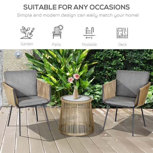 Outsunny 3 Pieces Wicker Patio Furniture Set, Rattan Bistro Set with Coffee Table and Cushions, Outdoor Conversation Set for Garden, Porch, Balcony,