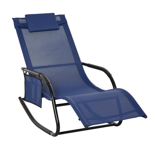 OUTSUNNY  Patio Rocking Chair With Mesh Fabric, Outdoor Rocking Sling Sun Lounger With Removable Headrest And Side Pocket for Garden, Deck, Lawn