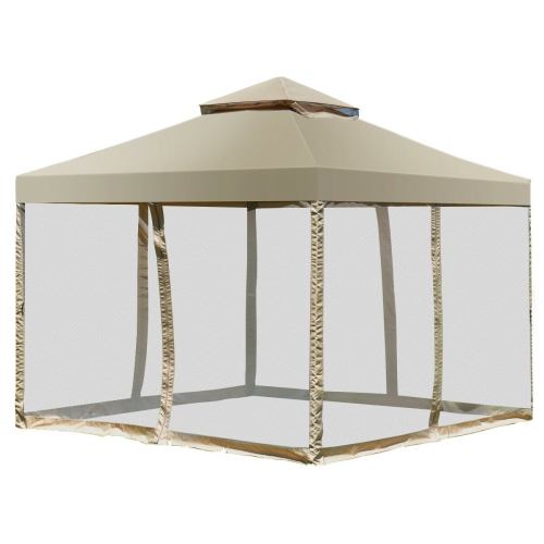 COSTWAY  2-Tier 10'x10' Gazebo Canopy Shelter Awning Tent Patio Garden Screw-Free Structure Brown