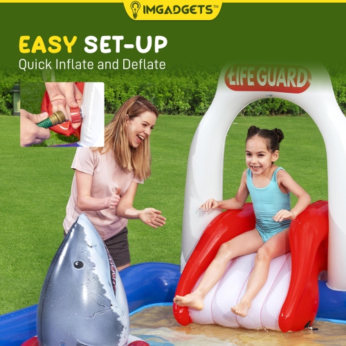Lifeguard Tower Pool Play Center For Kids 2.74m x 1.98m x 1.37m | Detachable Water Slide & Sprinkler, Landing Cushion & Inflatable Collapsible