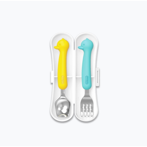 EDISON SILICONE SPOON&FORK CASE SET FOR BABY DUCK (BLUE/YELLOW
