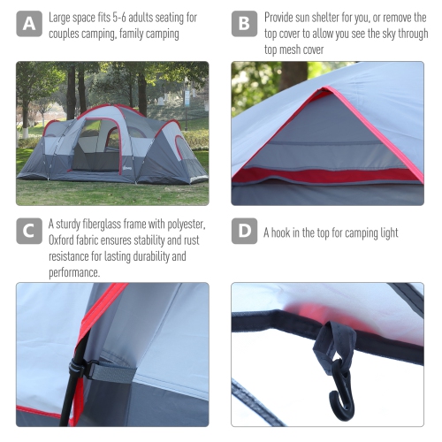 Outsunny Outdoor Camping Tent For 5-6 W/ Build-in Bag, Lighting Hook