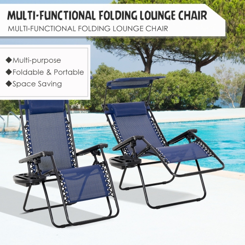 Outsunny 2 Piece Foldable Lounge Chair with Canopy Shade, Outdoor Zero Gravity Chair w/ Side Tray & Cup Holder, Reclining Lounger w/ Breathable Mesh