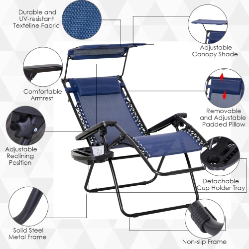 Outsunny 2 Piece Foldable Lounge Chair with Canopy Shade, Outdoor Zero Gravity Chair w/ Side Tray & Cup Holder, Reclining Lounger w/ Breathable Mesh