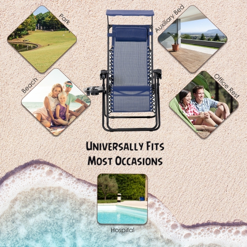 Outsunny 2 Piece Foldable Lounge Chair with Canopy Shade, Outdoor Zero Gravity Chair w/ Side Tray & Cup Holder, Reclining Lounger w/ Breathable Mesh